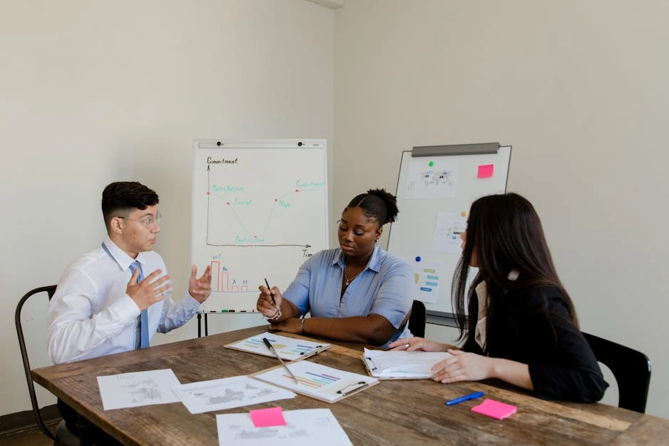 Tým spolupracující na strategickém plánu na whiteboardu